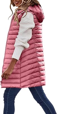 Women Long Puffer Vest With Hood Lightweight Sleeveless Down Vest Warm Padded Jacket Coat Outerwear with Pockets
