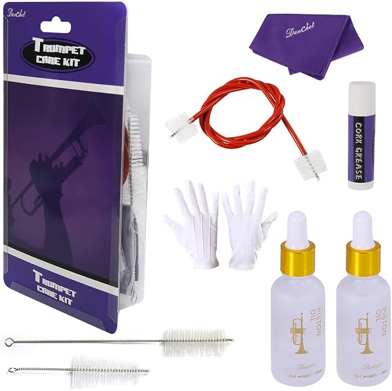 Trumpet Cleaning Kit - Trumpet (Short) Cleaning and Maintenance Kit - Multifunctional Trumpet Care Kit: Valve Oil x2, Cork Grease, Cleaning Cloth, Mouthpiece, Cleaning Brush, Gloves