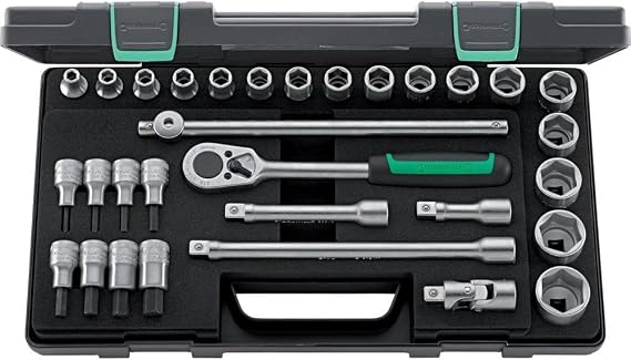 Stahlwille 96031239 Socket Set 1/2" No. 52/54/25/6, 31 Pieces (17 Sockets with Hexagon, 8 INHEX Sockets, 1 Ratchet, 3 Extensions, 1 T-Handle, and 1 Universal Joint), Made in Germany