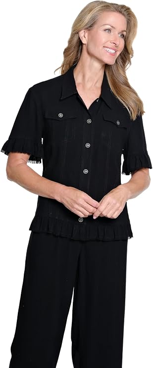 SLIM-SATION Women's Petite Short Sleeve 2 Pockets Ruffle Hem Jean Jacket