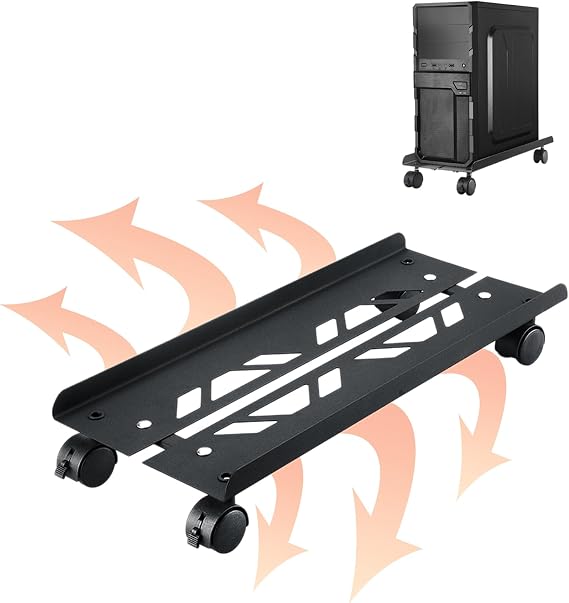 Hniuyun Metal Computer Tower Stand, Adjustable Width 20-26cm, Heavy-Duty PC Stand with 4 Caster Wheels, Fits Most Towers, Black