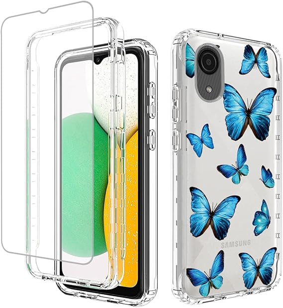 Case for Galaxy A03 Core Case, SM-A032F Case with Tempered Glass Screen Protector, Soft 360 Full Body Shockproof Hybrid Bumper Crystal Clear Case Cover for Galaxy A03 Core (Blue Butterfly)