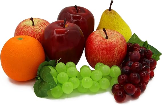 Laiiqi Artificial Fake Fruit, 8 Pcs Faux Fruit Centerpieces Dining Table Decorative, Lifelike Fruits Set Contain Fake Apple, Grape, Orange, Pear, Delicious Red Apple for Home Kitchen Décor