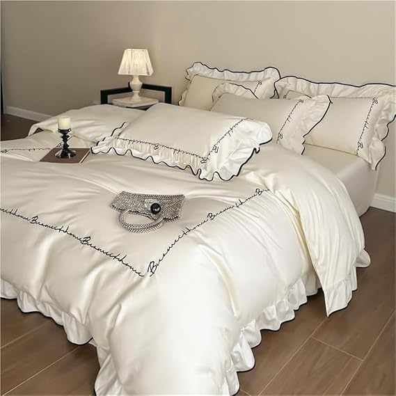 Queen Comforter Set,Light Luxury 100-Count Pure Cotton Brushed Four-Piece Set of Cotton Princess Style Lace Embroidered Bedding(C,King Size)
