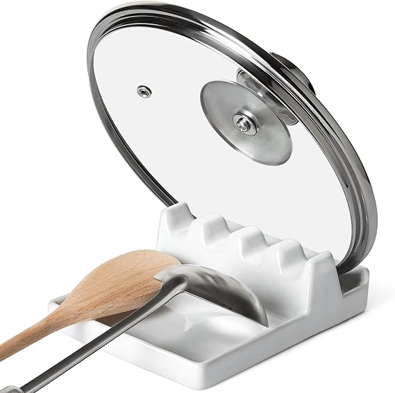 LE TAUCI Ceramic Spoon Rest with Lid Holder for Stove Top, Multi-Utensil Spoon and Pot Lid Rest for Kitchen Counter, 6.2" Heavy Duty Spatula Ladle Holder with Drip Pad, Kitchen Gadgets, White