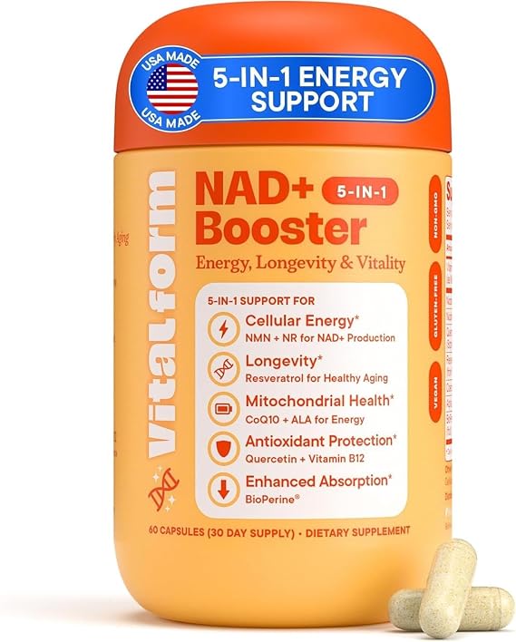NAD+ Supplement with NMN & Nicotinamide Riboside (NR) Advanced Cellular Energy & Healthy Aging Complex with Resveratrol, CoQ10, Quercetin & BioPerine 60 Vegan Capsules