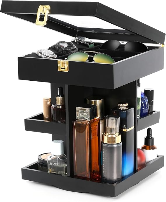 360 Rotating Wood Cologne Organizer for Men Daily Essentials | 3-tier perfume display stand with velvet top compartment, watch holders,nightstand, or dry bathroom countertop; gift for men