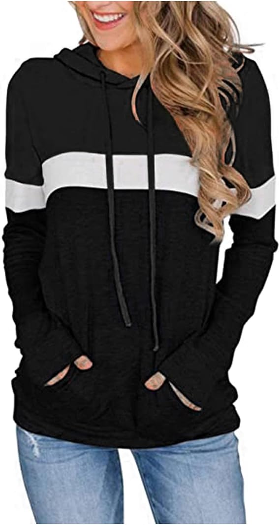 PBNBP Women's Color Block Pullover Hoodies with Pockets Athletic Sweatshirts Drawstring Hooded Tops Long Sleeve Casual Blouse