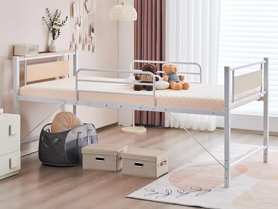 Bed Frame, Single Pipe, Bed, Templeshelf, Steel, Low Type, With Outlets, Frame Bed, Headboard, Under Storage, Height Adjustable, 3 Levels, Durable, Living Alone White