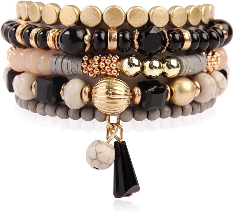 RIAH FASHION Bohemian Mix Bead Multi Layer Versatile Statement Bracelets - Stackable Beaded Strand Stretch Bangles Sparkly Crystal, Tassel Charm