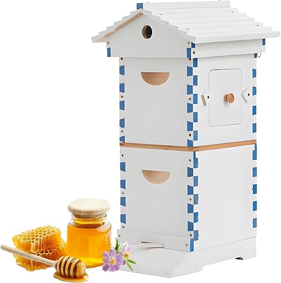 Self-Flow Hive Beehive Starter Kit, Frame Complete Bee Box with Honey Spout & Observation Window, Wooden Hive with 6 Honeycomb Trays, Automatic Honey Harvesting