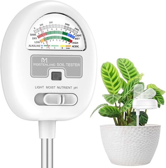 [Upgraded] Soil Moisture Meter, 4-in-1 Soil pH Tester, Soil Moisture/Light/Nutrients/pH Meter for Gardening, Lawn, Farming, Indoor & Outdoor Plants Use, No Batteries Required