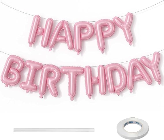 Pink Happy Birthday Balloon Banner, 16 Inch Pastel Pearl Baby Pink Self Inflating Mylar Foil Balloons for Girls Women Birthday Party Decorations