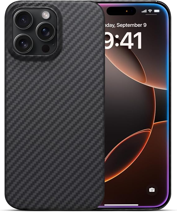Ultra Slim Case for Apple iPhone 16 pro max, Protective Case Made of Real Aramid Fiber, Soft Touch, Tough Durable Carbon Bumper (for 16 pro max) Black