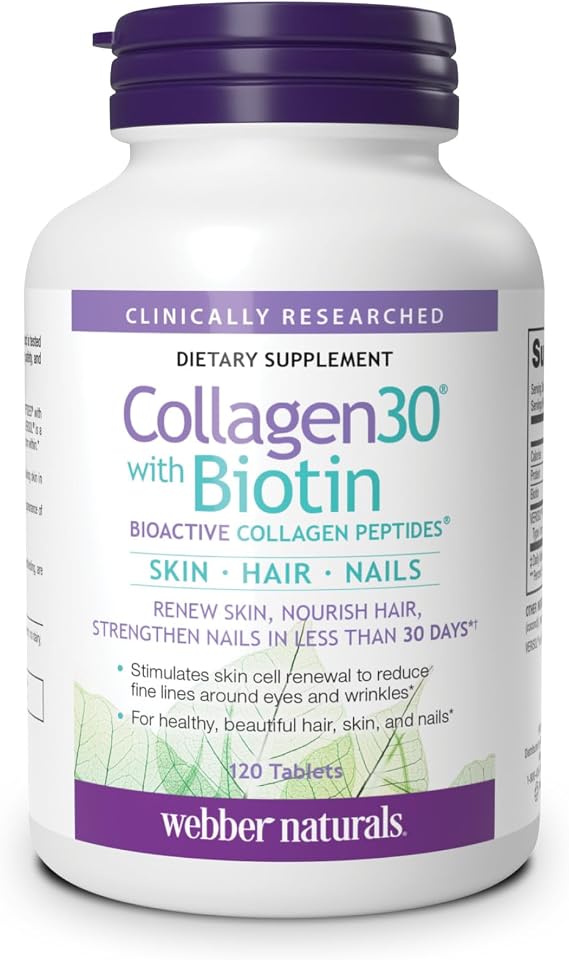 Webber Naturals Hydrolyzed Collagen Peptides, with Biotin, 120 Tablets | Bioactive Collagen30 with Biotin, 40 Days Supply, For Advanced Nourishment of Skin, Hair and Nails, Dairy & Gluten Free
