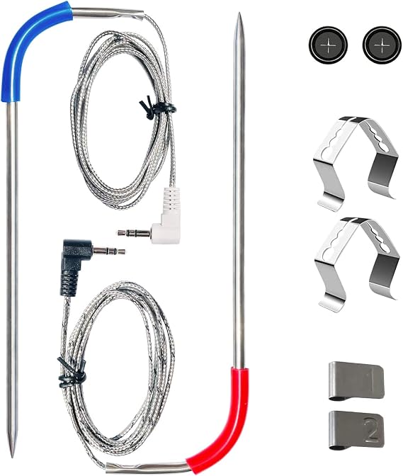 JZW-Shop 2 Pack Replacement Meat Probe for Traeger Pellet Grill Smokers | 3.5mm Plug Probe Replacement Temperature Meat Probe with 2 Stainless Steel Probe Clip Holders, 2 Grommets, 2 Numbered Tags