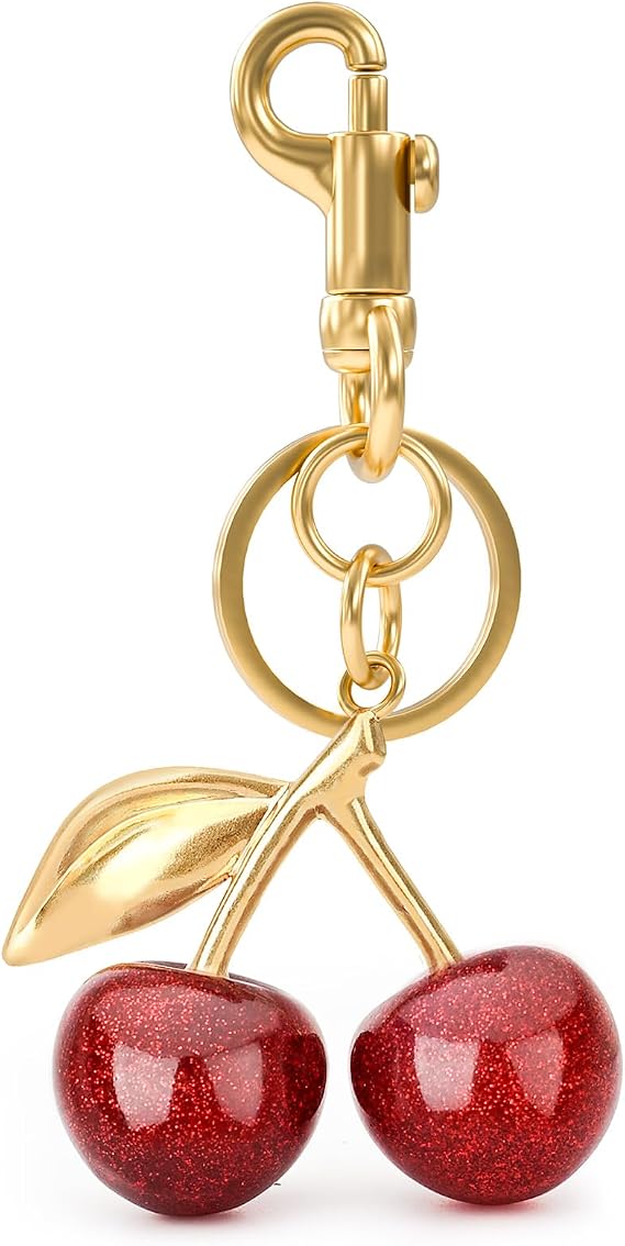 Glitter Kiraz Çanta Charm,Kırmızı Kiraz Anahtarlık Metal Aksesuar Çanta ve Çantalar,Altın Aksesuar, Altın, kırmızı, universal size
