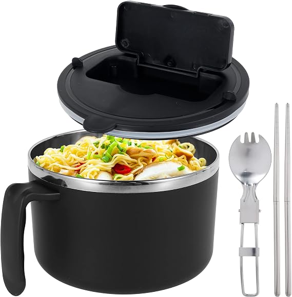 1200ml Rapid Ramen Bowl with Filterable Lid, Ramen Cooker Bowl with Handle,Ramen Noodle Bowl with Spoon & Chopsticks, Portable Soup Bowl for Home Office Dorm, Dishwasher Safe