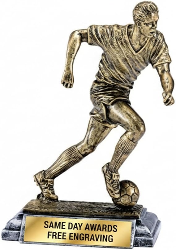 Freeman Classic Boys Soccer Trophy | Free Engraving, 8.5 Inches, Premium Resin, Male Soccer Player Figure with Antique Gold Finish