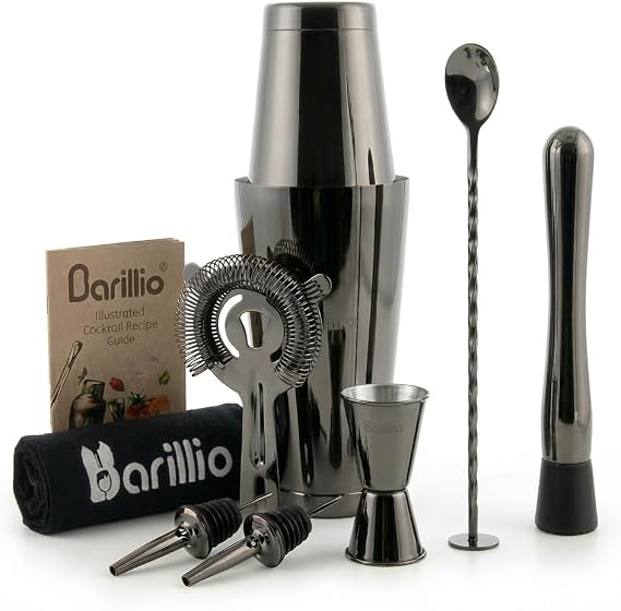 Barillio Black Boston Shaker Set - Stainless-Steel, Weighted Martini Cocktail Shaker Set w/Strainer & Mixer - Mixology Bartender Kit - Bar Set for the Home - 9-pc Drink Set - Bar Tools