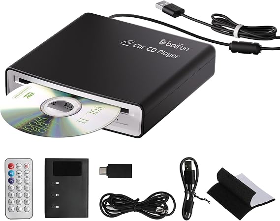 BOIFUN Portable CD Player for Car, External, USB Plug & Play, Anti-Skip | Works via Car USB-A, USB-C or AUX, Steering Wheel & Screen Control, AUX Decoder, Cables & Remote Included, Also TV, PC