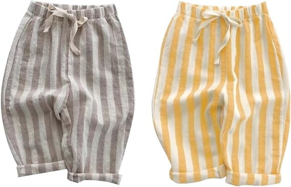 2 Pack Boys Girls Cotton Linen Harem Bloomers Pants for Baby Toddler | Classic Casual Pants for Boys, Back to School Clothes, Striped, Elastics Waist, Spring Summer, Long Pants, Cute Pant 2Pcs