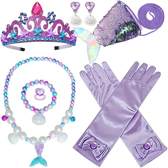 Girls Princess Mermaid Dress up Accessories for Girls Little Mermaid Crown Tail Purse Gloves Bracelet Necklace Earrings Ring Halloween Christmas Party Favors for Kids (Mermaid Crown)