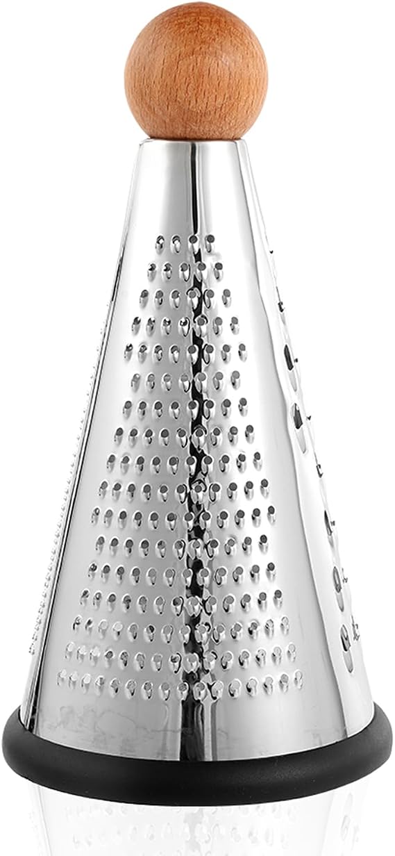 Cone Parmesan Cheese Grater - Stainless Steel Triple Function Wood Table Parmesan Shaver Non-Slip Rubber Bottom Hand Held Multifunction Vegetables Grater for Kitchen (L: 9" X 4.7)