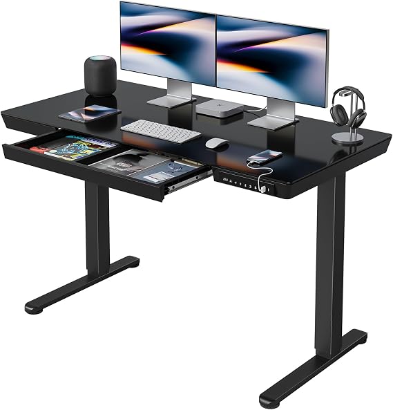 FEZIBO 48 24 Electric Standing Desk with Drawers, Whole-Piece Glass Adjustable Height Desk, One-Piece Quick Install Adjustable Sit Stand Desk, Black