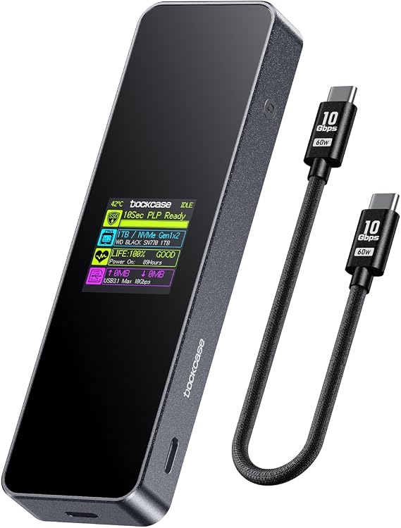 DOCKCASE Smart M.2 NVMe SSD Enclosure, 10s Power Loss Protection (PLP), 10Gbps USB 3.2 Gen 2 Type-C External Hard Drive Case, Fits 2230/2242/2260/2280 NVMe M/B+M Key