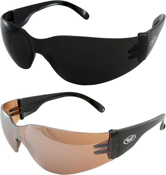 Global Vision Rider Safety Motorcycle Riding Sunglasses Black Frames 2 Pair Super Dark and Driving Mirror Lenses ANSI Z87.1