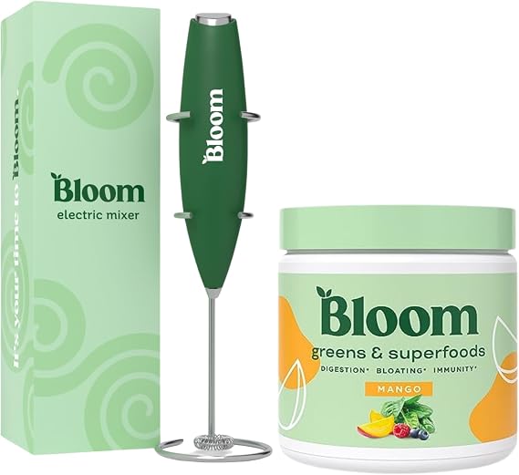 Bloom Nutrition Superfood Greens Powder, Digestive Enzymes with Probiotics and Prebiotics, Gut Health, Bloating Relief, Mango + Milk Frother High Powered Hand Mixer