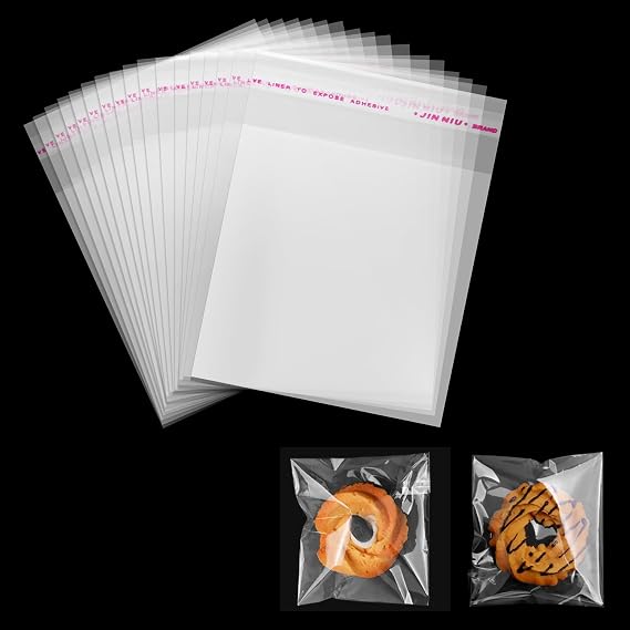 100 Pieces Cellophane Bags Clear Self-Adhesive Cookie Bags Plastic Sweet Bags for Bakery, Cookie, Candies, Biscuit, Jewelry, Soaps, Cards and Hairpin (10×12 cm)