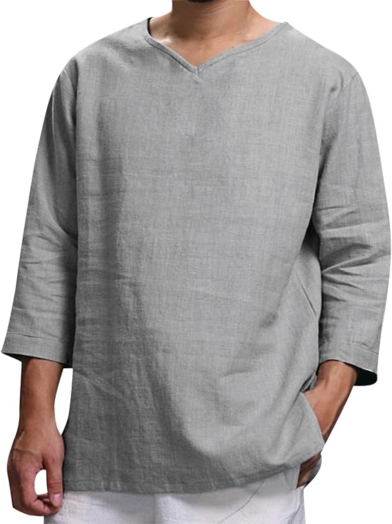 BIVENANT Mens Linen Shirts Hippie Baggy Breathable 3/4 Sleeve Blouse Summer Vacation Casual V Neck Beach Tunic Tops