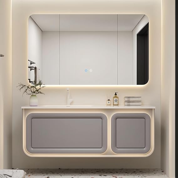 32 in Bathroom Vanity with Sink Modern Floating Vanity with LED Anti-Fog Mirror Cabinet, Smart Sensor Light, Solid Wood Drawers Stylish Intelligent Design