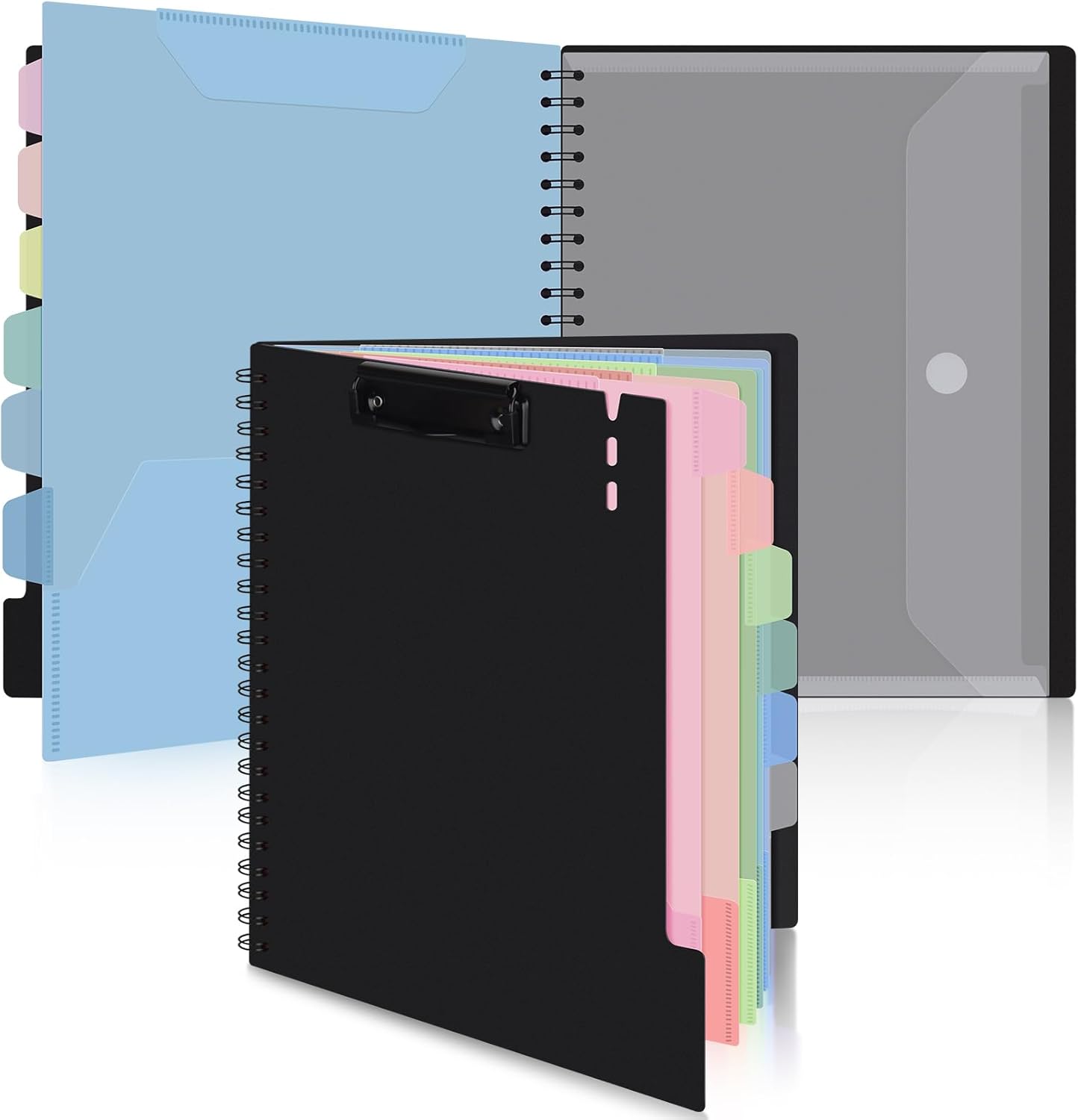 Uquelic Clipboard Folder A4 with Storage, 6 Double-Sided Half Pockets Project Organizer with Zipper Pouch, Plastic Clipboard Folio for Office, School, Macaron Color