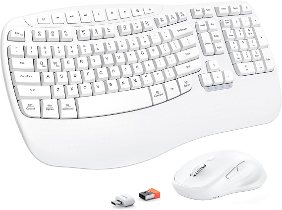 MEETION New Ergonomic Keyboard and Mouse Wireless Combo, Wave Keys Natural Typing, 2.4G Wireless Keyboard with Wrist Rest, 4 Adjustable DPI Optical Mouse, Computer/Laptop/Windows/Mac, White