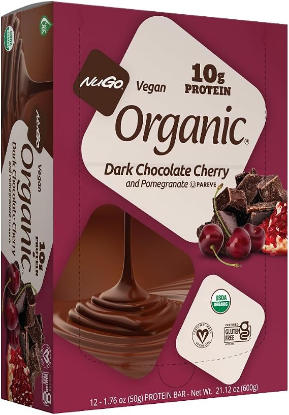 NuGo Organic Dark Chocolate Cherry and Pomegranate, 10g Vegan Protein, Gluten Free, 12 Count