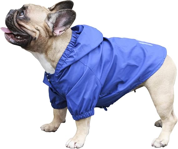 iChoue Dog Cold Weather Coats Water Resistant Raincoats Lightweight Windbreaker Hooded Jackets for French English Bulldog Pitbull Pug Boston Terriers Outdoor Rain Coat - Blue, X-Large