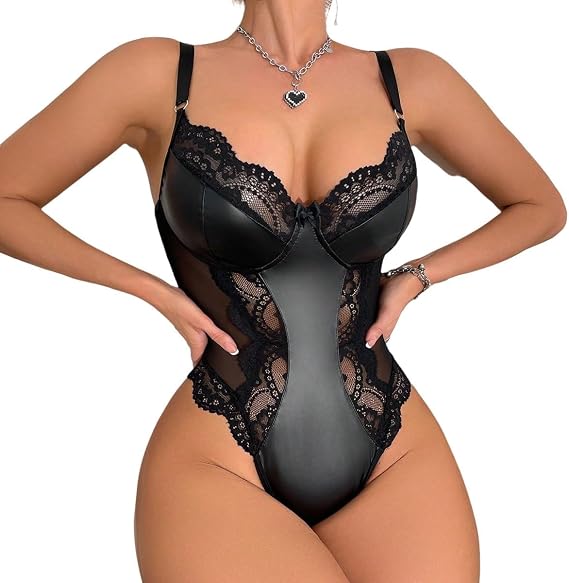 Lingerie for Women Sexy Leather Lace Bodysuit Push Up Snap Crotch Teddy One Piece Babydoll