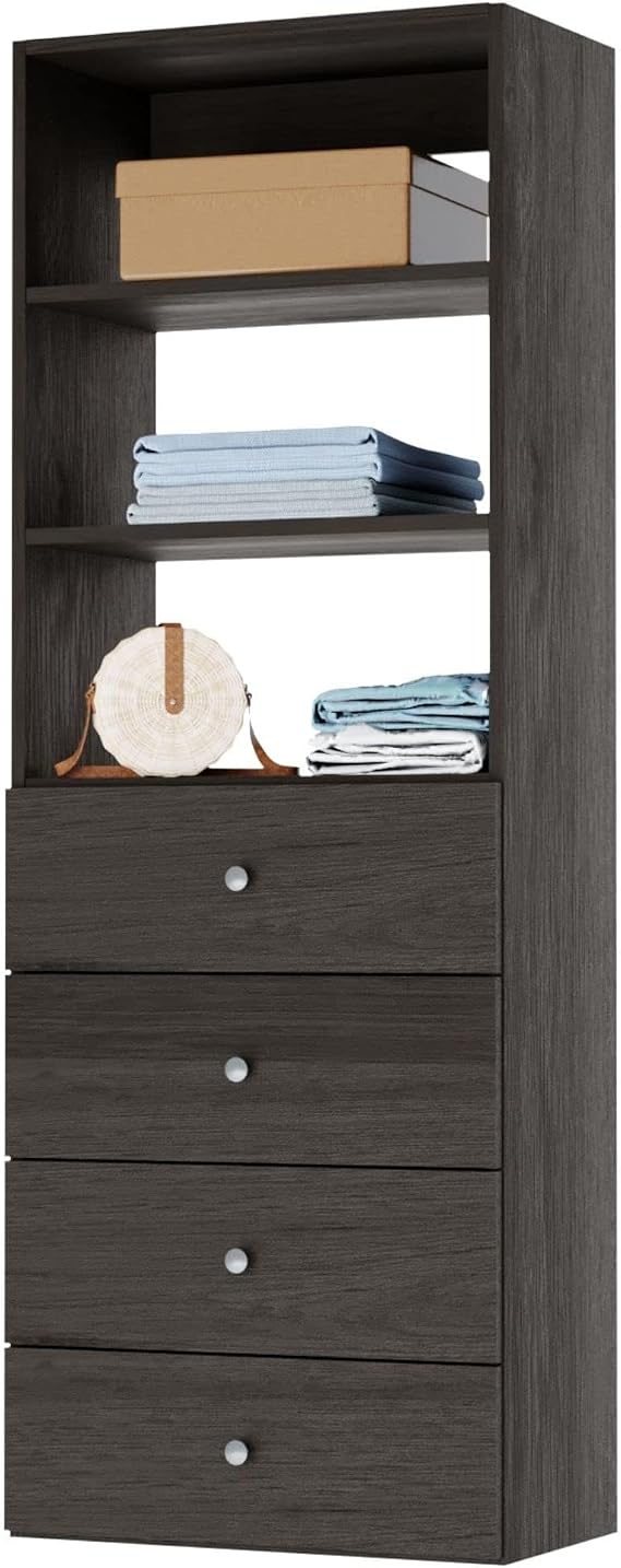 Closet Shelves Tower - Modular Closet System With Drawers (4) - Corner Closet System - Closet Organizers And Storage Shelves (Gray, 19.5 inches Wide) Closet Shelving