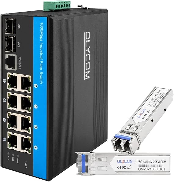 POE Switch 8 Port Managed L2+ 10/100/1000M 8 Port SFP Vlan QoS STP/RSTP with 2pcs Industrial 1000Base-LX