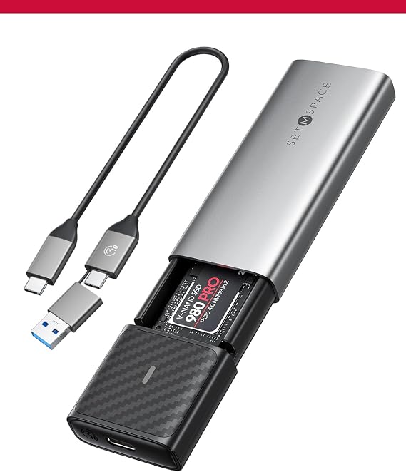 NVME Enclosure, SETMSPACE Tool-Free M.2 Enclosure with 2-in-1 USB C Adapter, External Reader for 2280 2260 2242 2230 NVME SATA SSD of M Key or B+M Key, Gray Aluminium Alloy M2 Case Come with Heatsink