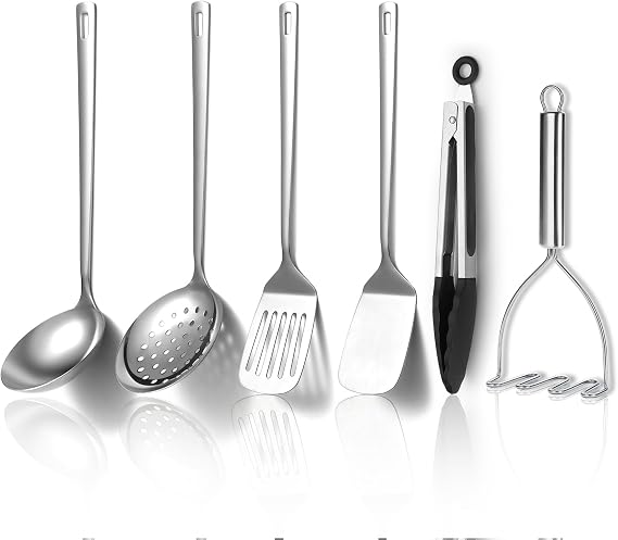 Kyraton Stainless Steel Kitchen Utensils Set 6 Pieces, Cooking Utensil Set Include Metal Spatula Sets, Skimmer, Ladle, Tongs, Potato Masher, Dishwasher Safe
