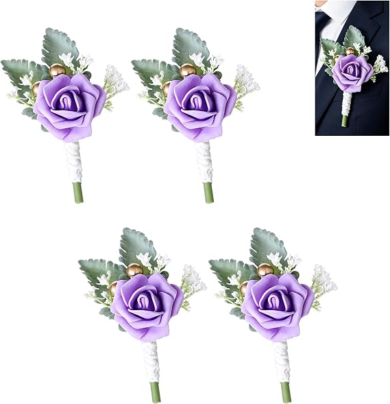 GIONAR 4 Pcs Button Holes Flowers Wedding, Artificial Corsage Flowers