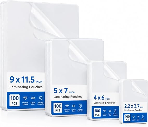 Tinlade 400 Pack Clear Thermal Laminating Pouches, 3 Mil, 4 Assorted Sizes