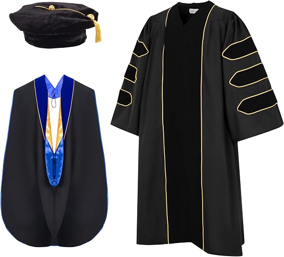 Unisex Deluxe Doctoral Graduation Gown, Hood and Tam 8 Sided Package