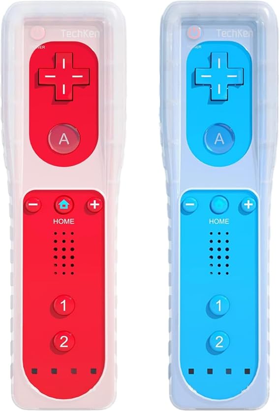 TechKen 2 Pcs Remote Controller for Wii, Remote Game Controllers Compatible with Wii Remote Replacement with Silicone and Wrist Strap (Blue Red)