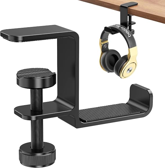 Headphone Hanger Holder Stand-Under Desk Headphone Hanger, Headset Hook Holder Space-Saving Aluminum Stand with Universal Fit for Gaming PC Accessories (Black-1PCS)