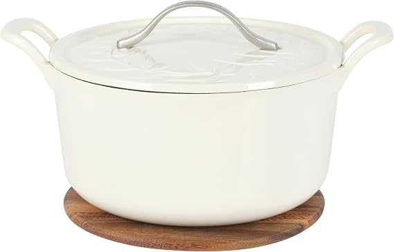 Bloomhouse - Two Time Oprah's Favorite Things Winner - 7 Qt Cast Iron Dutch Oven W/Embossed Lid, European Enamel, Walnut Wood Trivet - Oat White